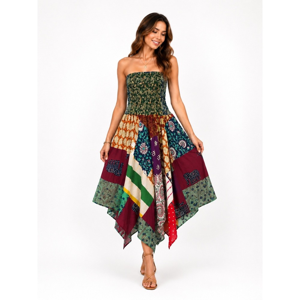 Ashley Taylor Boho Patchwork Handkerchief Tube Dress Women US XL-1X Green Multi